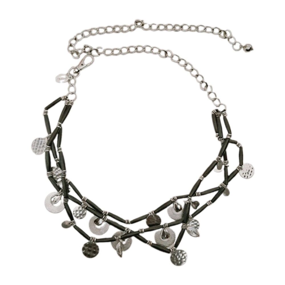 Vtg Chicos Boho Multi Strand Belt or Necklace Black Wood Silver Hammered Disc